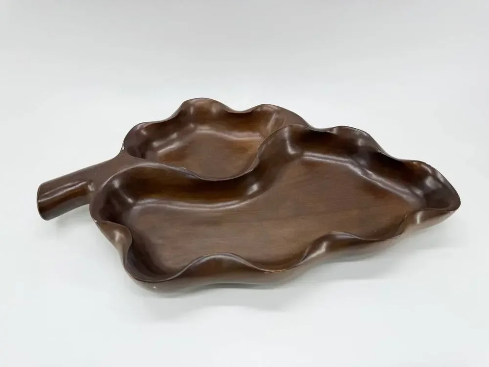 Wood Leaf Shaped Divided Serving Tray 2 Section Platter 2.35 lb